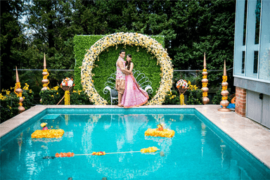 Outdoor event setup with string lights